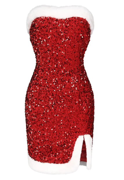 Red 1960s Strapless Sequined Dress